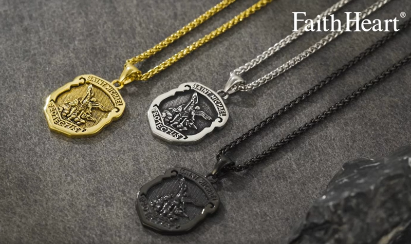 FaithHeart Saint Michael Pendant Necklace for Men, with 22"+2" Wheat Chain 01. Round Style 1-Silver Stainless Steel