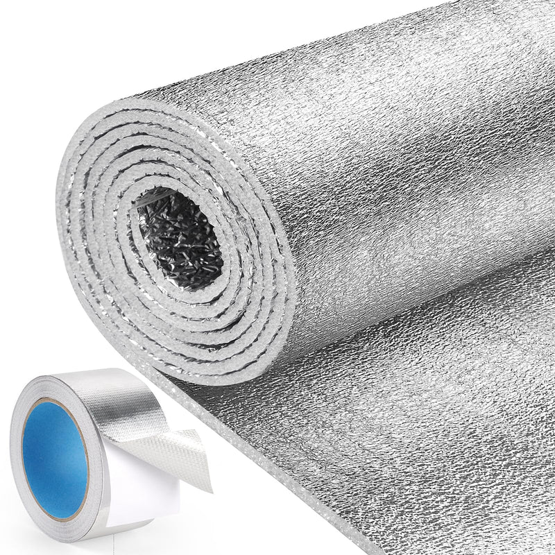 HADOR Reflective Window Film Insulation Roll 48 in X 10 Feet, Foil Aluminum Roll Double-Sided Foam Core, Summer Window Heat Blocker for RV/Windows/Garage Door - Folded Package 48inx10ft- Folded /with Double-sided Tape