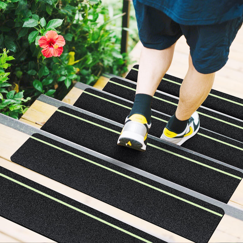Outdoor Stair Treads Non Slip with Glow in Dark Stripe, 5.9" x 23.6" Anti Slip Tape for Wooden Steps, Non Skid Grip Tape Stripes for Stairs, Steps (5, 5.9" x 23.6" Black with Glow-in-The-Dark)