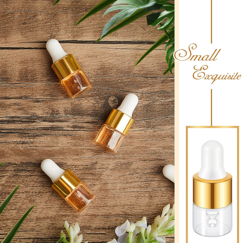 [Australia - AusPower] - 100 Pcs Mini Glass Dropper Bottle Bulk Clear Essential Oil Dropper Bottles Small Glass Dropping Sample Containers Perfume Liquid Cosmetic Sample Vials with Cap for Traveling (Gold,1 ml) Gold 1 ml 