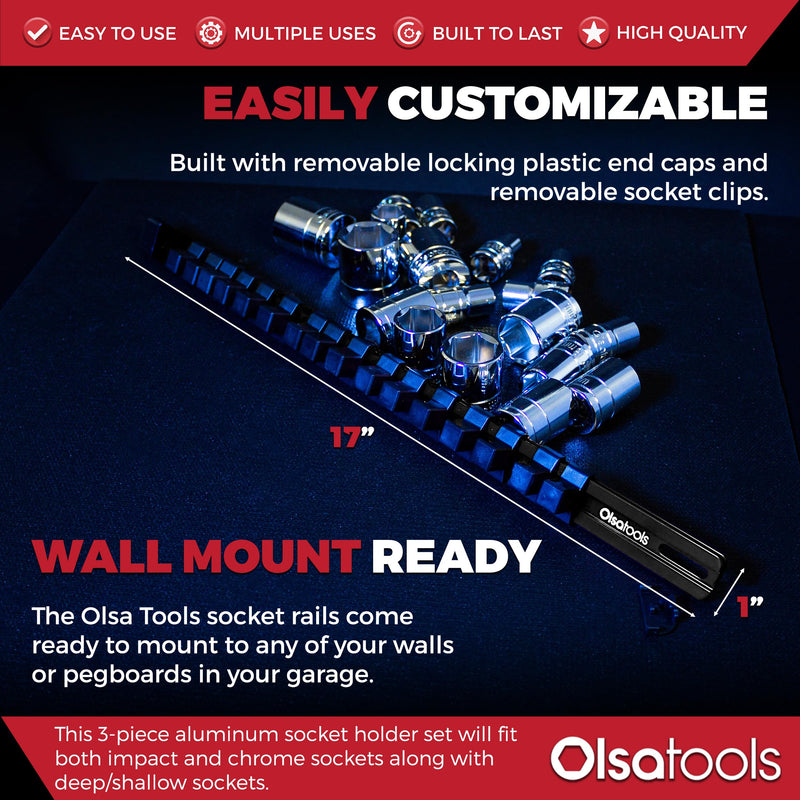 Olsa Tools Aluminum Socket Organizer, 3pc Set - Locking End Caps - 1/4-Inch Drive x 24 Clips, 3/8-Inch Drive x 18 Clips, 1/2-Inch Drive x 16 Clips - Professional Grade - Black - Part: 1181 3pc, 1/4, 3/8, & 1/2-Inch Drive