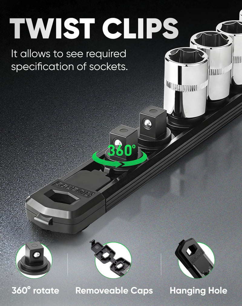 ALOANES Magnetic Socket Organizer Set, 3-Piece Heavy Duty Aluminum Socket Rails, 360° Swivel Clips Socket Rail Kit for Tool Tray Drawer Fit 1/2, 3/8, 1/4-Inch x 40 Clips (Black, 3PC)