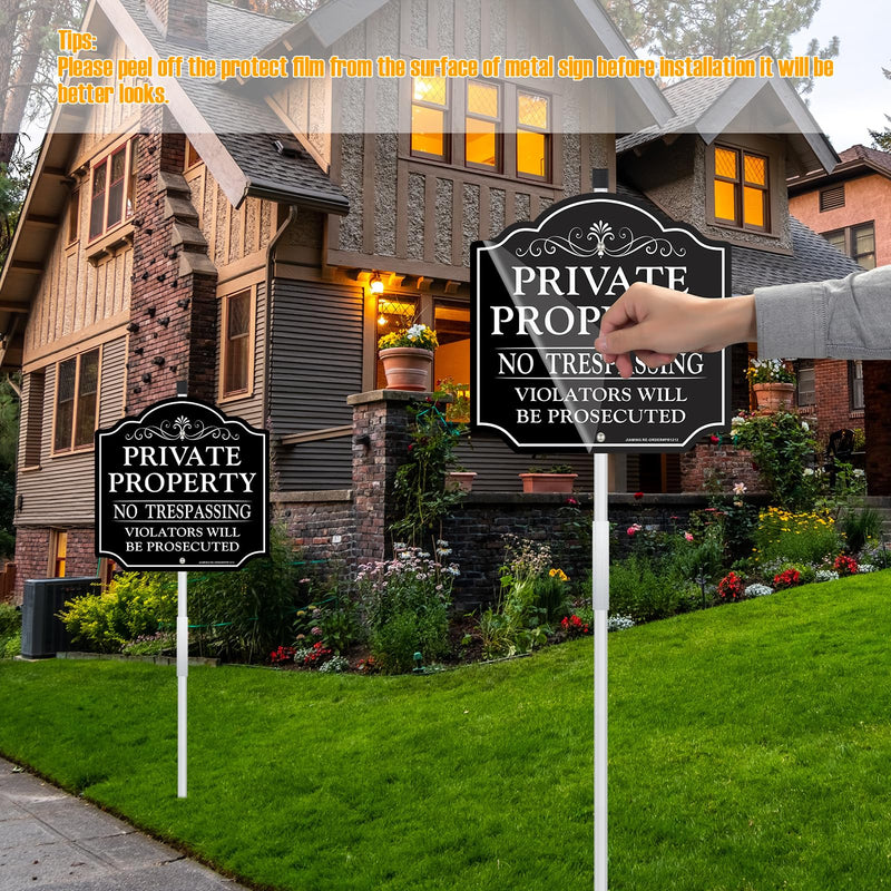 JIAMING No Trespassing Signs with 36" Stakes (2-Pack) 12x12 Inch Heavy-Duty Aluminum Private Property Sign | Violators Prosecuted Warnings, UV-Fade Proof and Weather Resistance.Easy to Mount.
