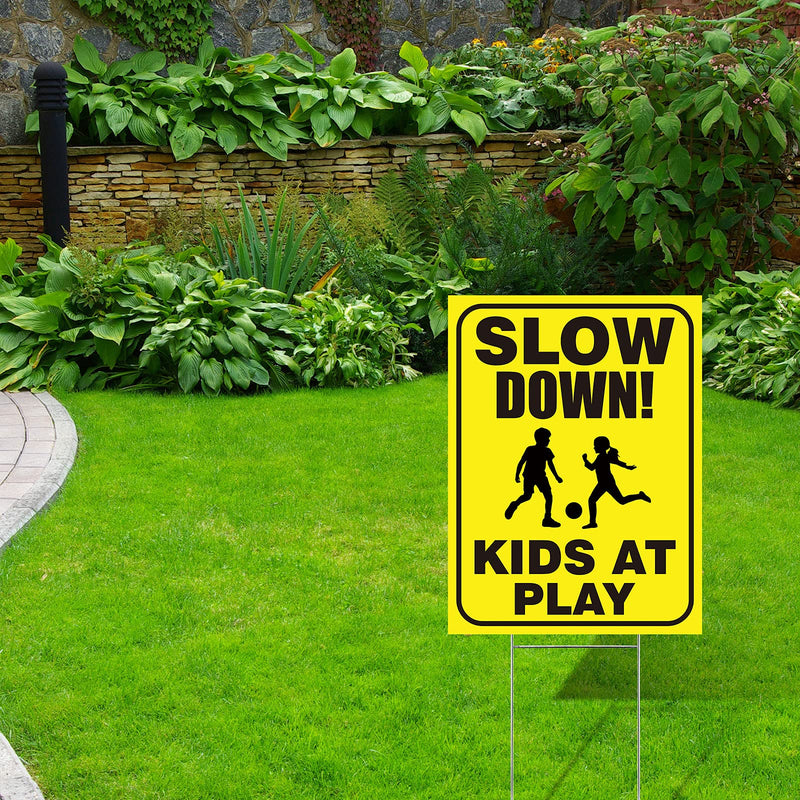 4 Pieces Slow Down Kids At Play Sign with Metal Stake, 12 x 16 Inch Kids At Play Safety Signs, Double Sided Child Safety Caution Signs, Children Sign for Street, Lawn Neighborhoods, Yellow