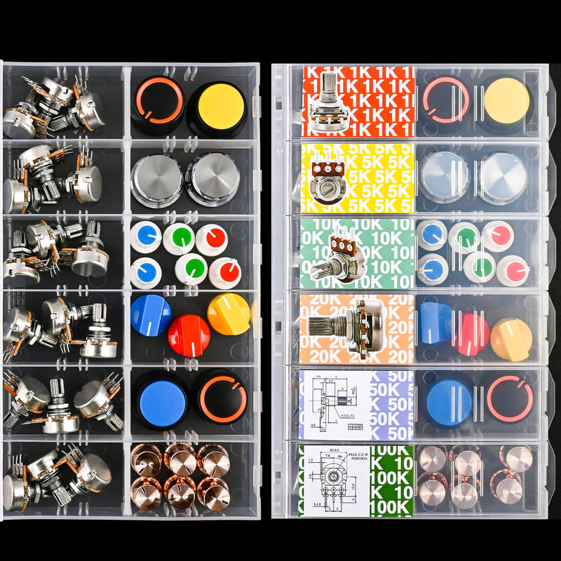 [Australia - AusPower] - EEEEE 75pcs Potentiometer kit with Rotary knobs 1k 5k 10k 20k 50k 100k Guitar Pedal Potentiometer Assortment kit Potentiometer Linear Rotary (75pcs Potentiiometer with Knobs) 75pcs Potentiiometer with Knobs 