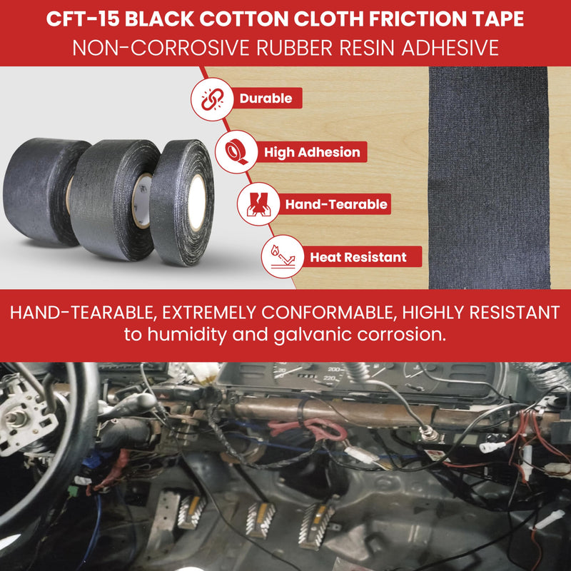 GGR Supplies – T.R.U. CFT-15 Black Cotton Cloth Friction Tape, High Grip Electrical Wire Harness Tape with Non-Corrosive Rubber Resin Adhesive, 1.5 Inch x 60 Feet 1.5 in.