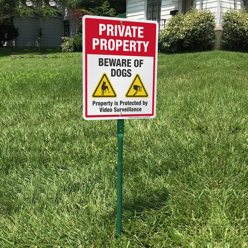 SmartSign 12 x 10 inch “Private Property - Beware Of Dogs, Property Protected By Video Surveillance” Yard Sign with 3 foot Stake, 40 mil Laminated Rustproof Aluminum, Multicolor, Set of 1 Aluminum Sign with 3' Stake