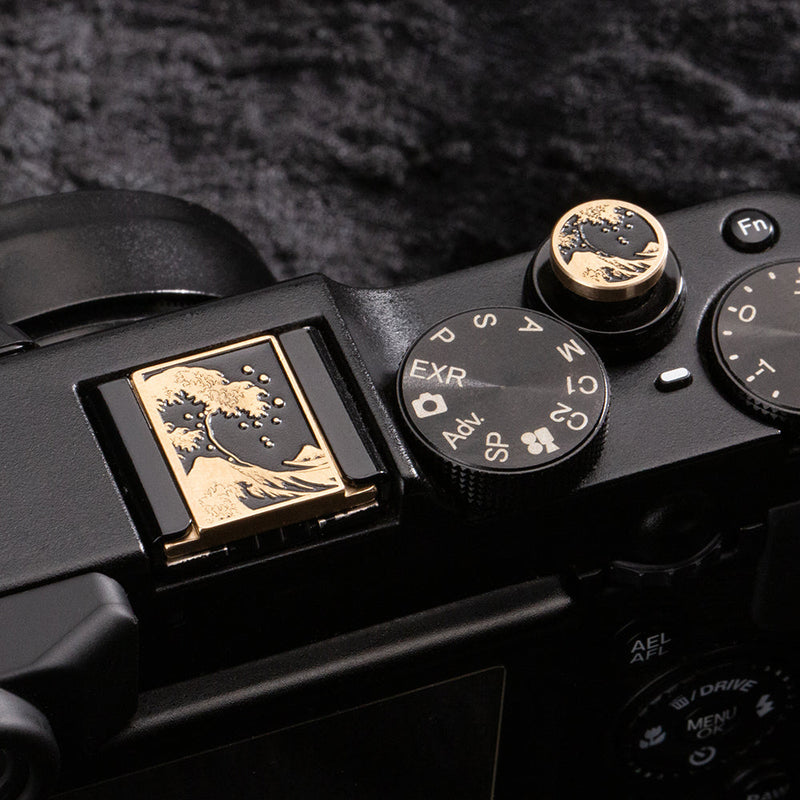 Wave Art Metal Hot Shoe Cover Shutter Button for Fuji X100VI Camera Copper Alloy-Set