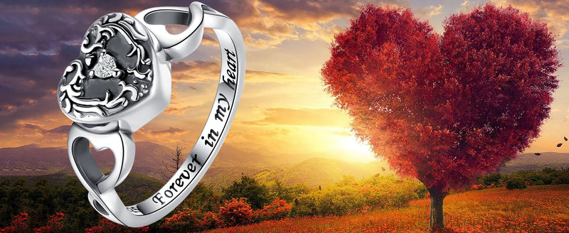 Sterling Silver Forever in My Heart Cremation Jewelry Urn Rings Hold Loved Ones Ashes - Tree of Life Urn Finger Rings Memorial Ashes Keepsake Jewelry Gifts for Women Men 8