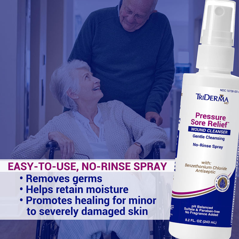 [Australia - AusPower] - TriDerma Pressure Sore Relief Wound Cleanser, Gentle Cleansing for Bed Sores, Ulcers, Pressure Sores, Wounds and Hard-to-Heal Skin Sores with AP4 Aloe Vera and Niacinamide, Fragrance Free 8.2 oz Spray 8.2 Fl Oz (Pack of 1) Cleanser Spray 