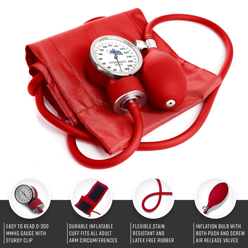 ASA TECHMED Nurse Essentials Professional Kit with Handheld Travel Case | 3 Part Kit Includes Adult Aneroid Sphygmomanometer Blood Pressure Monitor, Stethoscope, Diagnostic Otoscope (Red) Red