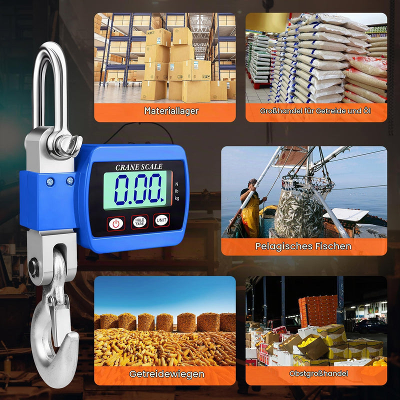 Crane Scales 500 kg Digital Hanging Scales Electronic Wild Scales Industrial Hanging Scales Portable LCD Pull Scale with Hook Blue