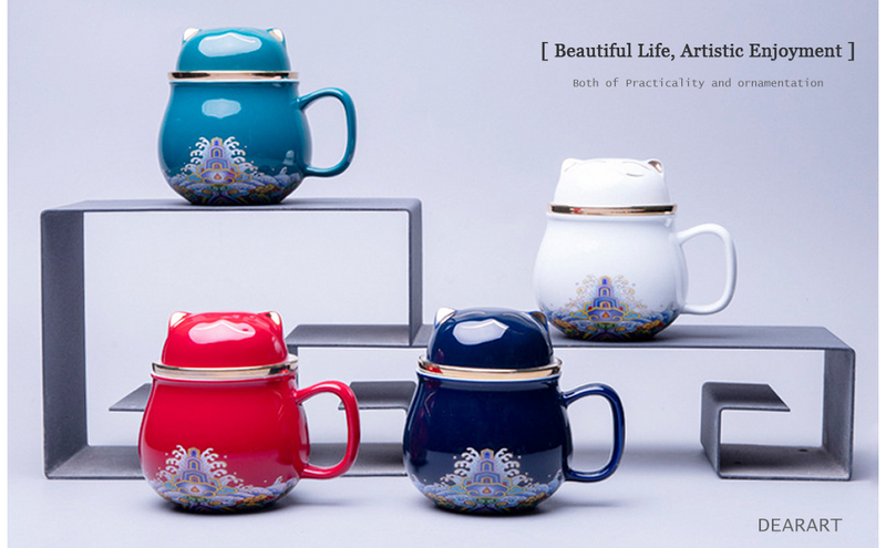 DEARART Beautiful Tea Cup Portable Set, 10.8oz Mug and 2-Cups, Wide Mouth Easy to Clean Keep Tea Hot, Steeping Loose Leaf Tea Bag, Cute Cat, Red Red ( Portable Set)