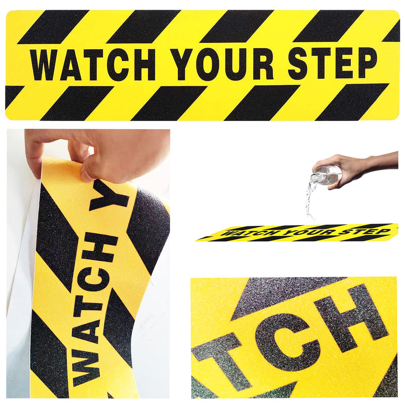 4 Pieces 6 by 24 Inches Watch Your Step Warning Sticker Adhesive Tape Anti Slip Abrasive Tape for Workplace Safety Wet Floor Caution
