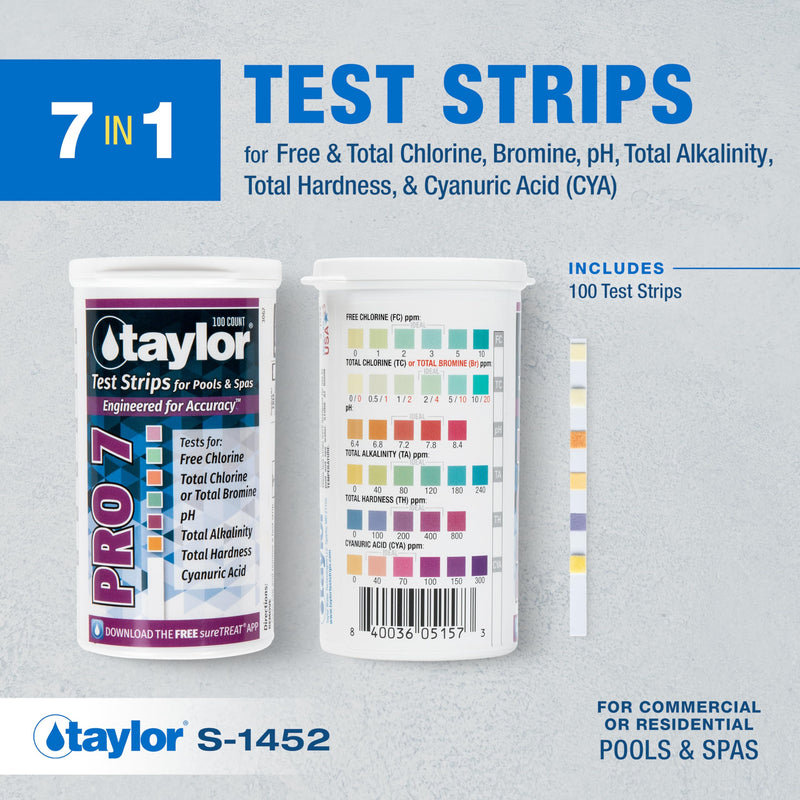 [Australia - AusPower] - Taylor Technologies S-1452, 5-in-1 Pool and Spa Test Strips for Free Chlorine, Total Bromine/Chlorine, pH, & Total Alkalinity, 100 Water Test Strips | Made in the USA 
