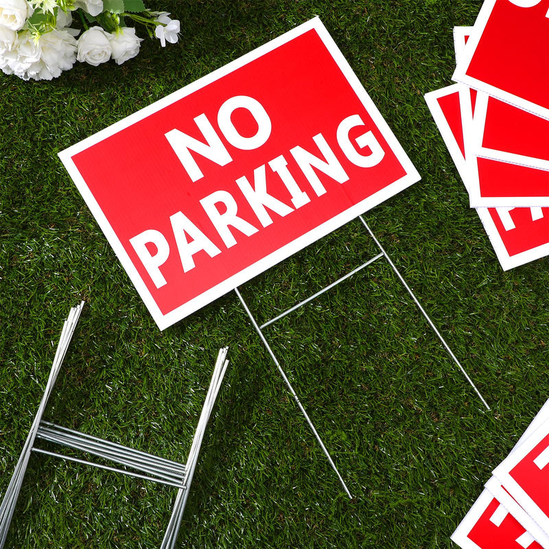 8 Pcs 8 x 12 Inches No Parking Signs with Stand, Double Side Plastic Outdoor Weather Resistant Waterproof Parking Yard Sign White Letter Red Background for Grass Driveways Yard Lawn