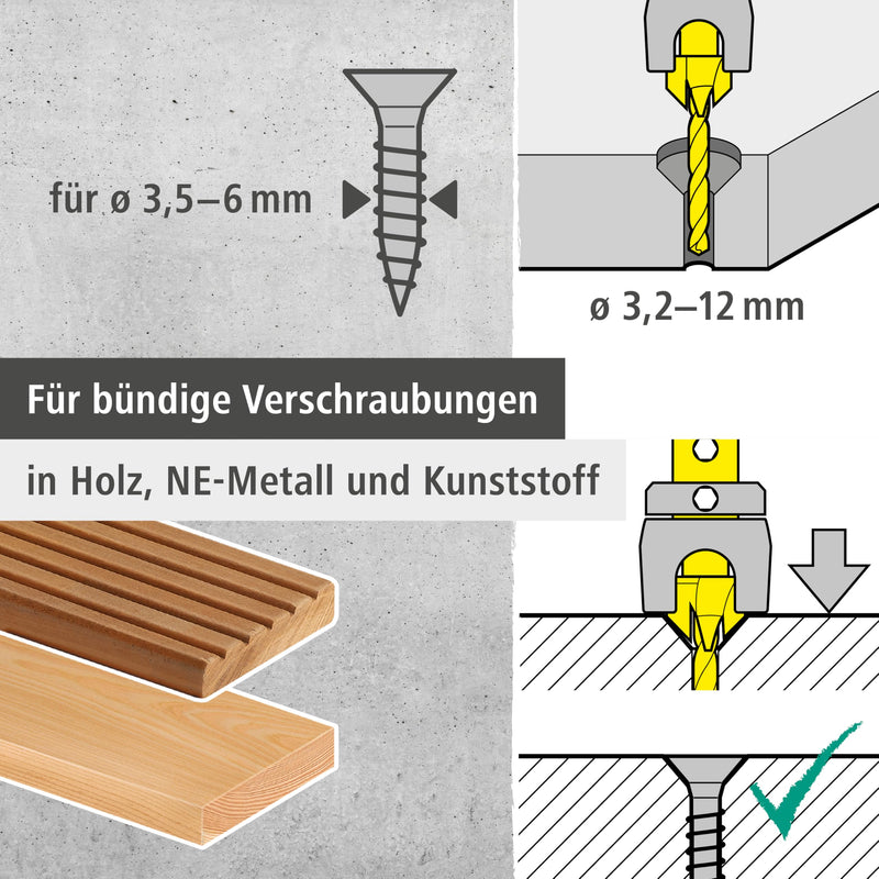 Wolfcraft 2544000 3.2-12mm Screw Starter with Countersink and Depth Stop | Adjustable Depth Stop for Wood Decking and Series Drilling 3 Flute 1/4" Hex Shank 2544000 Pre-drill with countersink and depth stop Ø from 3.2– 12 mm
