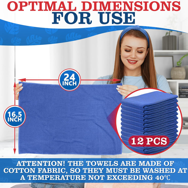 [Australia - AusPower] - 12Pcs Blue Cotton Towels for Cleaning - Washable Rags, Reusable, Super Absorbent, 24 x 16.5 in 12 