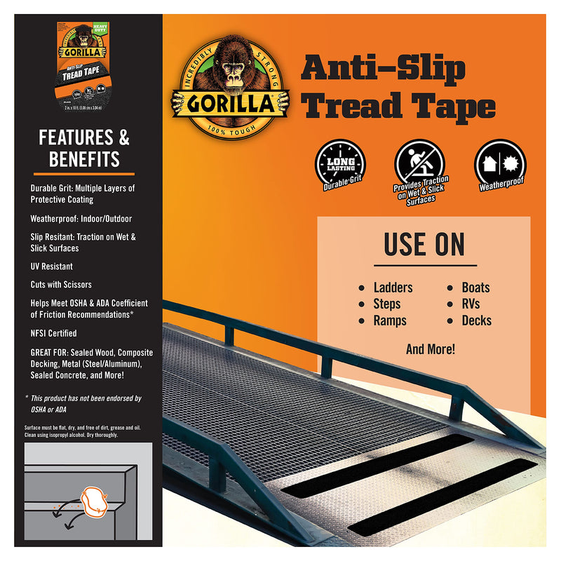 Gorilla Anti-Slip Tread Tape, 2" x 10' Roll, Black, (Pack of 1) 1 - Pack