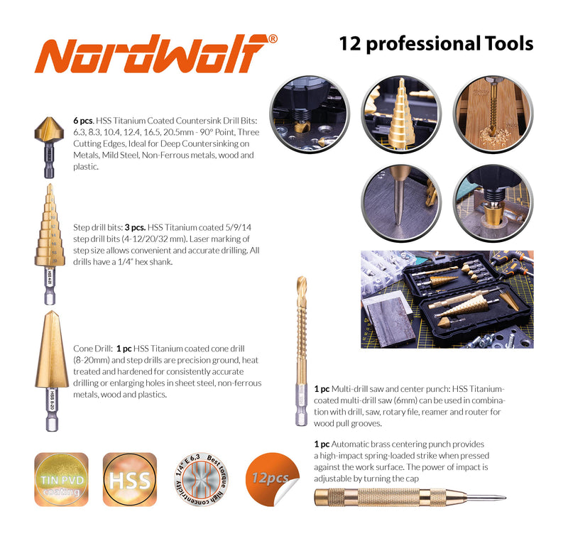 NordWolf 12-Piece HSS Titanium Metric Step, Countersink, Cone Drills with 1/4" Hex Shank, Multi Drill Saw & Automatic Center Punch Set in Storage Case 12 pcs