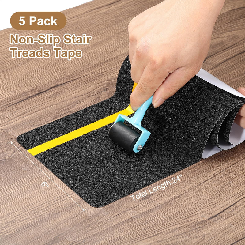 PATIKIL 24x6 Inch Black Non-Slip Stair Treads Tape, 5 Pack Self Adhesive Anti-Slip Stair Strips with 12mm Glow-in-The-Dark Strip for Wooden Steps