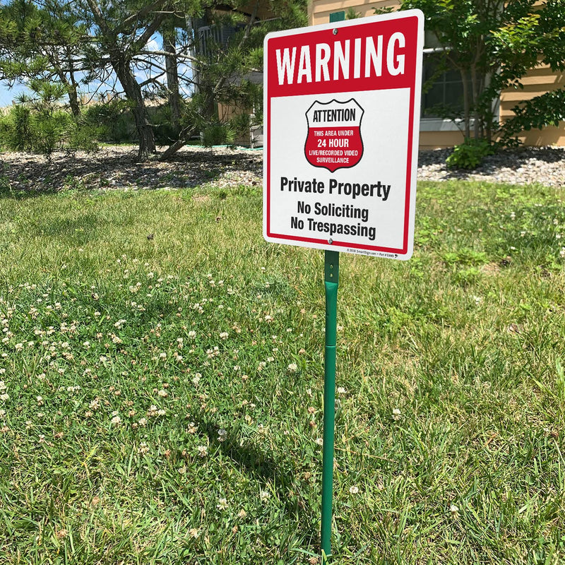 SmartSign 12" x 10" 'Warning - Private Property, No Soliciting/Trespassing, Area Under Surveillance' Yard Sign with 3 ft Stake, 40 mil Laminated Rustproof Aluminum, Red/Black/White