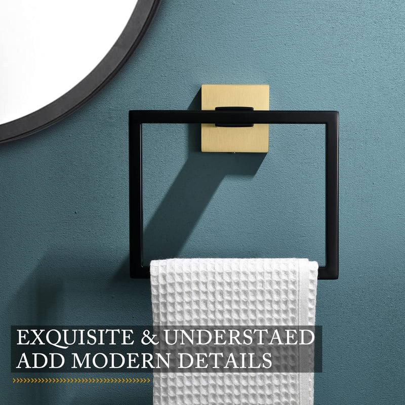 Black and Gold Towel Ring Modern Square Hand Towel Bar,Towel Holder for Bathroom,Wall Mount Stainless Steel Black Gold