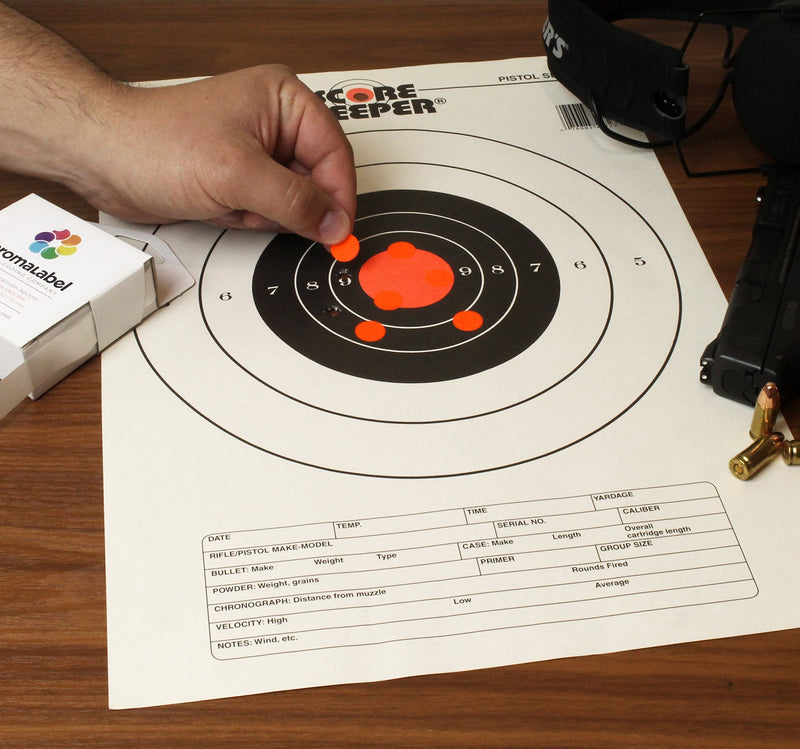 ChromaLabel Permanent Round Target Pasters for Shooting and Marksmanship 1000 Labels per Dispenser Box 1/2" Diameter Fluorescent Red
