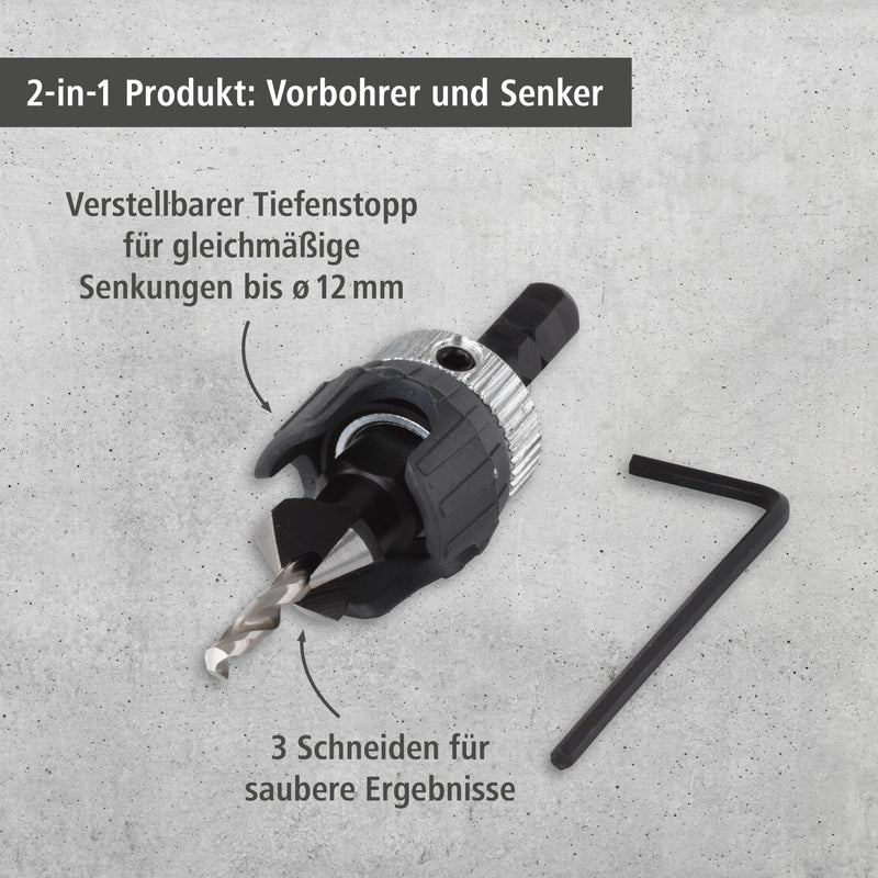 Wolfcraft 2544000 3.2-12mm Screw Starter with Countersink and Depth Stop | Adjustable Depth Stop for Wood Decking and Series Drilling 3 Flute 1/4" Hex Shank 2544000 Pre-drill with countersink and depth stop Ø from 3.2– 12 mm