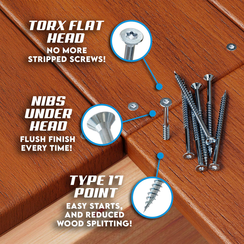 #10 x 2 1/2 Inch Stainless Steel Deck Screws | 304 Grade (100 Pack) | Flat Head T25 Star Torx Drive | Stainless Steel Screws by Eagle Claw Fasteners | Corrosion & Rust Resistant (Includes Driver Bit) 100 #10 x 2-1/2"