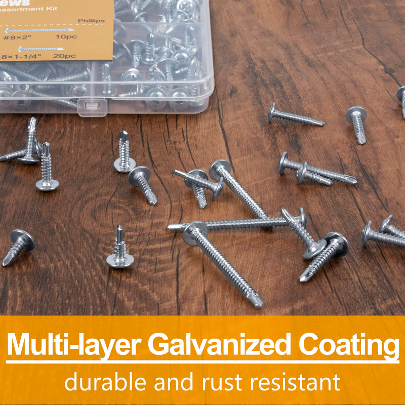 [Australia - AusPower] - KURUI Self Tapping Screws Assortment Kit, 8 sheet metal screws for Metal Wood & plastic, 125Pcs Galvanized Truss Head Self Drilling Screws in 5 Sizes (1/2, 3/4, 1-1/4, 1in, 2in) 