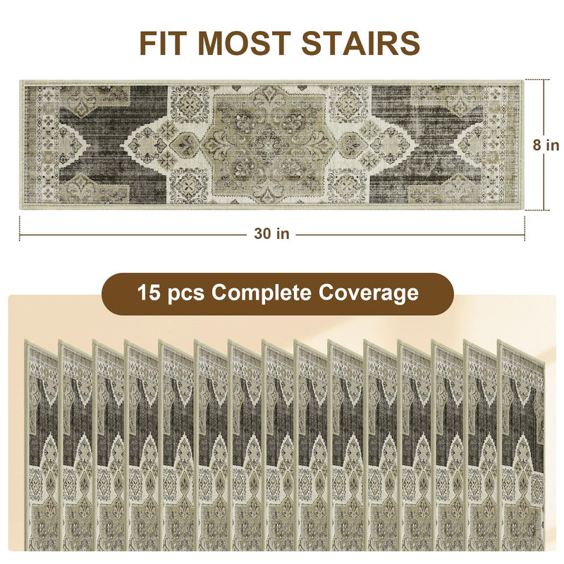 Non Slip Stair Treads for Wooden Steps Indoor, Begie, 15pcs, 30"X8", Soft Carpet Mat, Machine Washable Boho Carpet Treads with Reusable Adhesive Backing, Safety Stair Tread for Dog, Kid, Elder 30"x8" 15