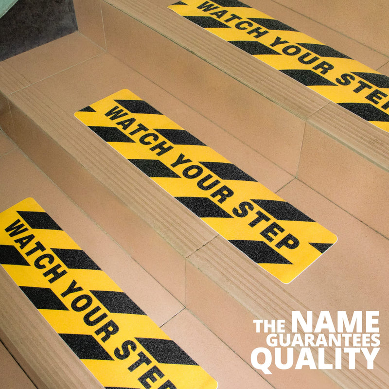 Anley 24 X 6 Inch Watch Your Step Floor Decal Stickers - Anti-Slip Abrasive Surface & Premium Self-Adhesive Backing - Enhance Safety and Prevent Accident Caution Sign for Workplace Safety (Pack of 6)