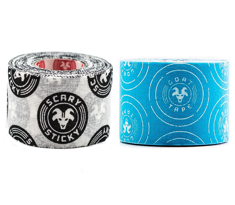 Goat Tape Athletic Bundle - Scary Sticky Premium Athletic/Weightlifting Tape Roll (White & Black) with Kinesiology Tape Pre-Cut Strips (Blue & White)