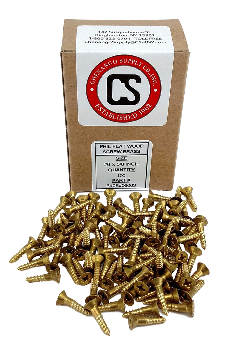 Chenango Supply N.6 x 5/8inches Solid Brass Flat Head Philips Wood Screw (1/2inches to 1-1/2inches in Listing), 100 Pack (N.6 x 5/8 #6 x 5/8"