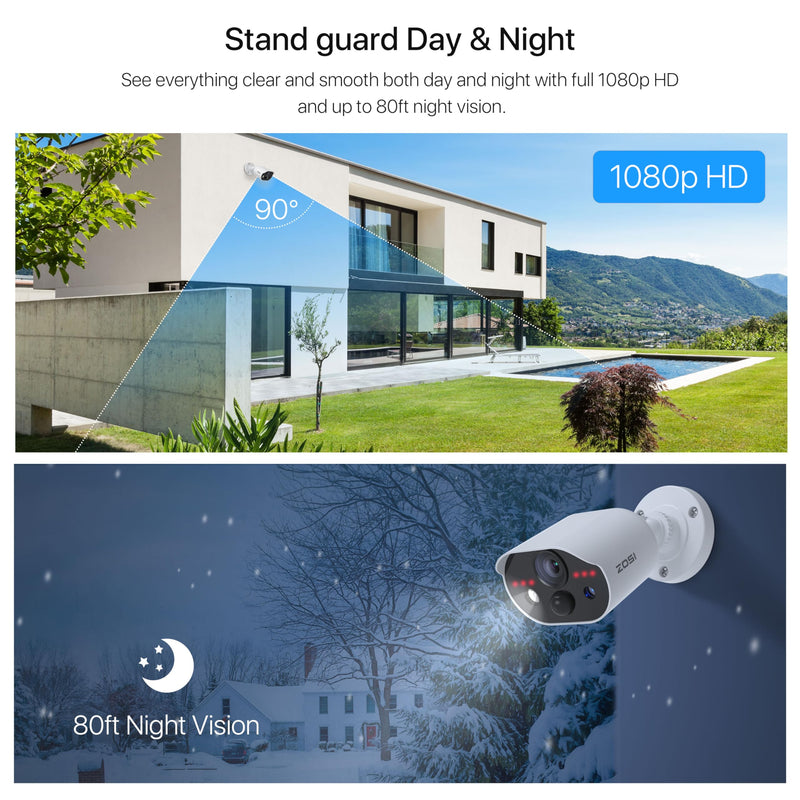 [Australia - AusPower] - ZOSI 1080P HD-TVI Security Camera with Audio, 2MP 1920TVL Indoor Outdoor Surveillance Home Camera, Night Vision, PIR Motion Detection, IP66 Weatherproof, Only Work with ZOSI 3K Lite CCTV DVR Wired-1Cam 
