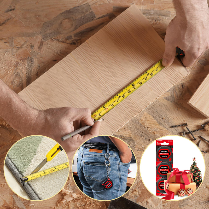 HAUTMEC 3pc Small Mini Tape Measure 10ft, Keychain Measuring, Metric and Imperial Scales, Retractable Pocket Measurement Suitable for Homeowners, HT0252