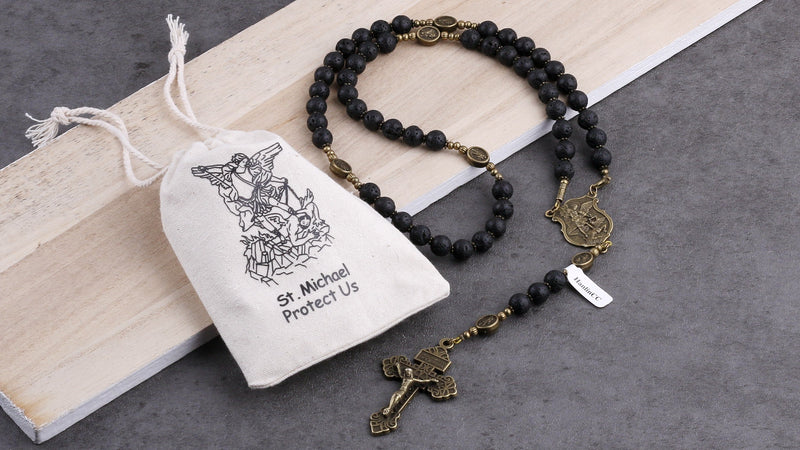HanlinCC Black Lave Stone Beads Saint Michael Catholic Rosary Necklace with Gift Bag Anti-Bronze