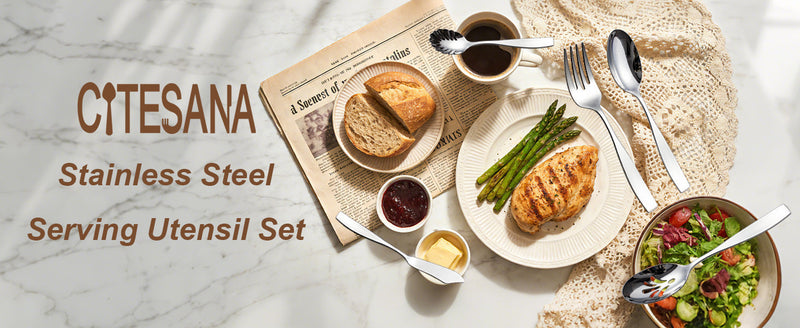 Citesana 5-piece stainless steel serving utensils set with silver finish, including spoons and tongs for serving food.