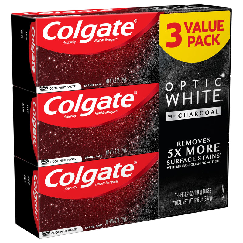 Colgate Optic White with Charcoal Whitening Toothpaste, Cool Mint Flavor, Safely Removes Surface Stains, Enamel-Safe for Daily Use, Teeth Whitening Toothpaste with Fluoride, 3 Pack, 4.2 Oz Tube 0.33 Ounce (Pack of 3)