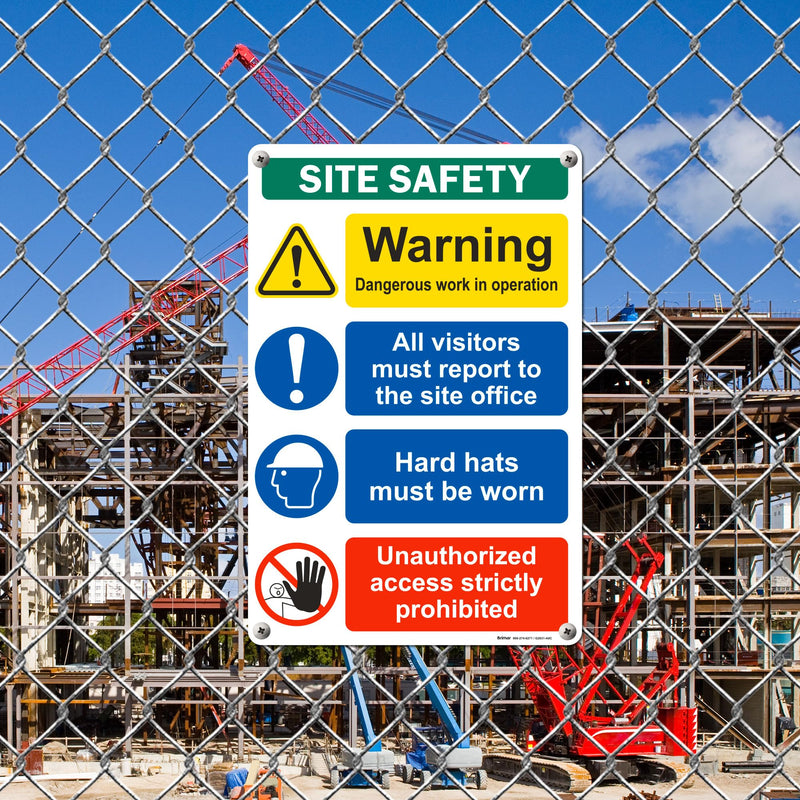 Brimar - 12" x 18" - Construction Site Safety Sign - .063″ White Rust-Free Aluminum - Bold Text - Easy Installation 12x18" Site Safety (Aluminum)