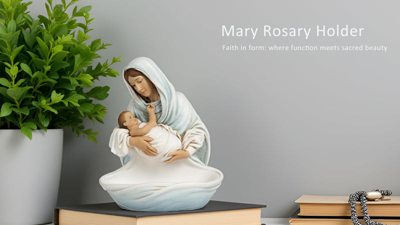 Grace4Joy Virgin Mary Rosary Holder, 6 Inch Hand-Painted Madonna and Child Statue, Religious Catholic Gifts for Women Blue