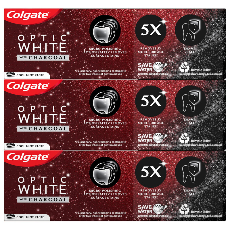 Colgate Optic White with Charcoal Whitening Toothpaste, Cool Mint Flavor, Safely Removes Surface Stains, Enamel-Safe for Daily Use, Teeth Whitening Toothpaste with Fluoride, 3 Pack, 4.2 Oz Tube 0.33 Ounce (Pack of 3)