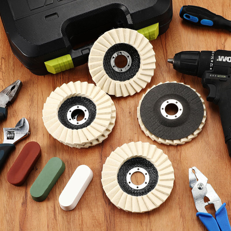 [Australia - AusPower] - 8 Pcs Wool Polishing Wheel Disc and Polishing Compounds Set Includes 5 Pcs Thicken Arbor Buffing Wheel 3 Pcs Buffing Compound 4 1/2 x 7/8 Inch Felt Flap Disc for Angle Grinder, Multi Surface 
