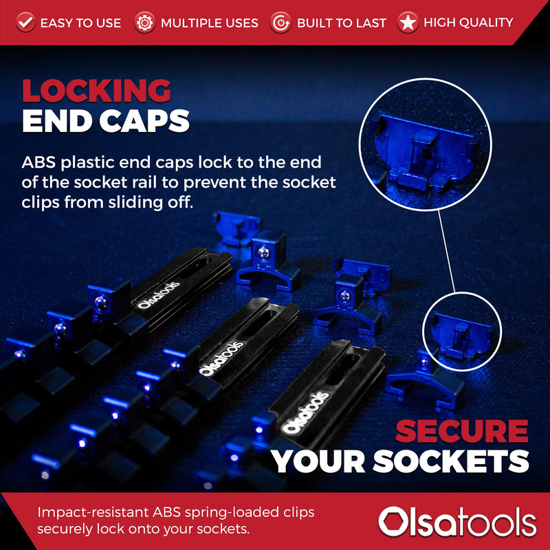 Olsa Tools Aluminum Socket Organizer, 3pc Set - Locking End Caps - 1/4-Inch Drive x 24 Clips, 3/8-Inch Drive x 18 Clips, 1/2-Inch Drive x 16 Clips - Professional Grade - Black - Part: 1181 3pc, 1/4, 3/8, & 1/2-Inch Drive