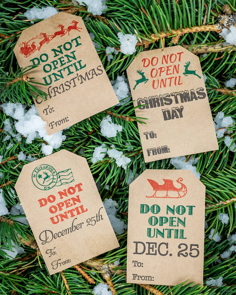 Do Not Open Until December Christmas Gift Tags Stickers – 2 x 3 Inch Natural Kraft Paper Stickers – 25 Adhesive Holiday Labels with 4 Different Vintage Designs– Eco-Friendly, Made in USA