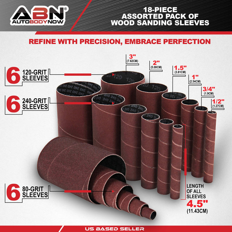 [Australia - AusPower] - ABN Aluminum Oxide Spindle Sanding Sleeves 18-Pack – 4.5in Length, Assorted 80 120 240 Grit, 1/2in to 3in Sandpaper 