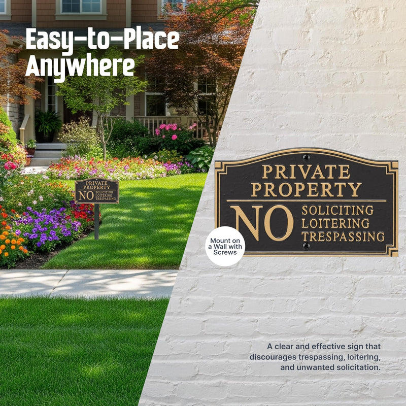 SmartSign Private Property Sign for Yard, No Soliciting Loitering Trespassing Garden Plaque | 5.75" x 9.5" Aluminum Plaque with 18" Black Lawn Stake, Made in USA Private Property - No Soliciting