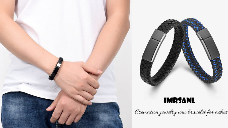 Imrsanl Cremation Jewelry Urn Bracelet for Ashes for Women Men Memorial Braided Leather Urn Bracelet for Human Ashes Keepsake Cuff Bangle Jewelry Black-20cm/7.87inch