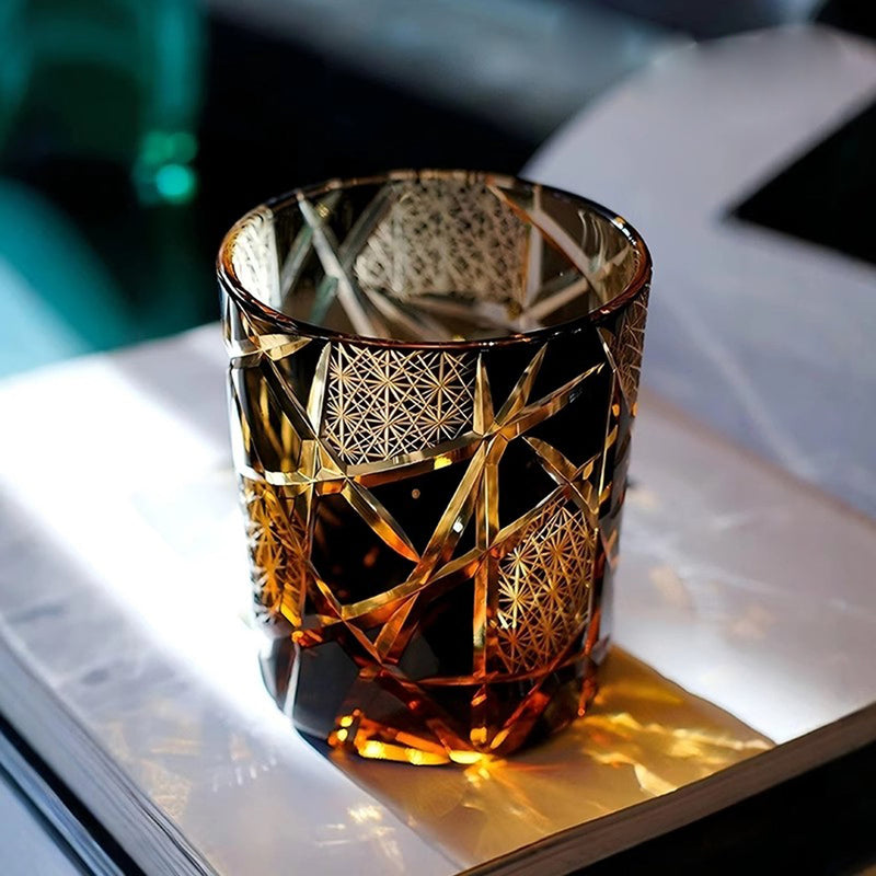 Black Amber Hand-Cut Crystal Old Fashioned Whiskey Glass, 8 oz Black Amber Lightning Cut
